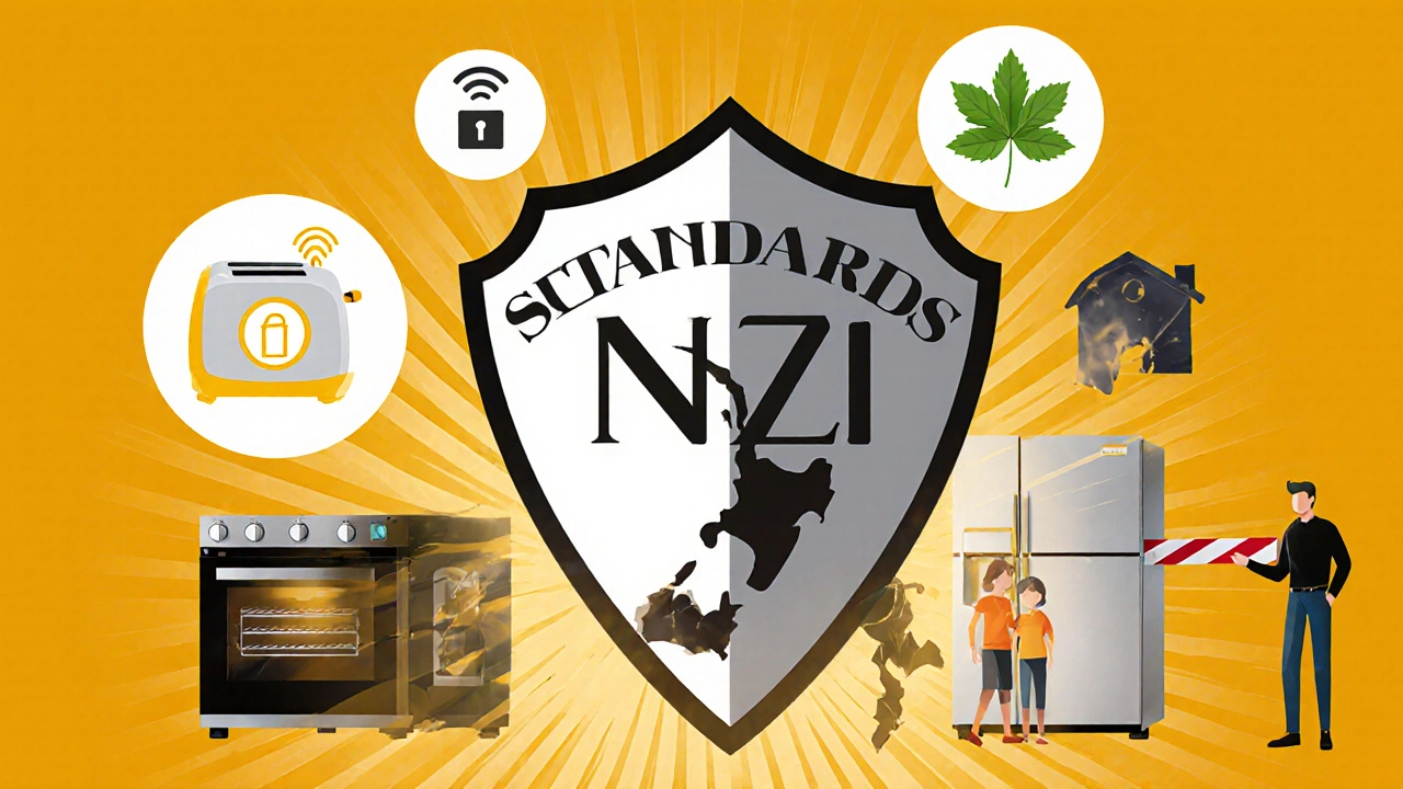 Shield emblem protecting a home with icons representing safe, efficient appliances