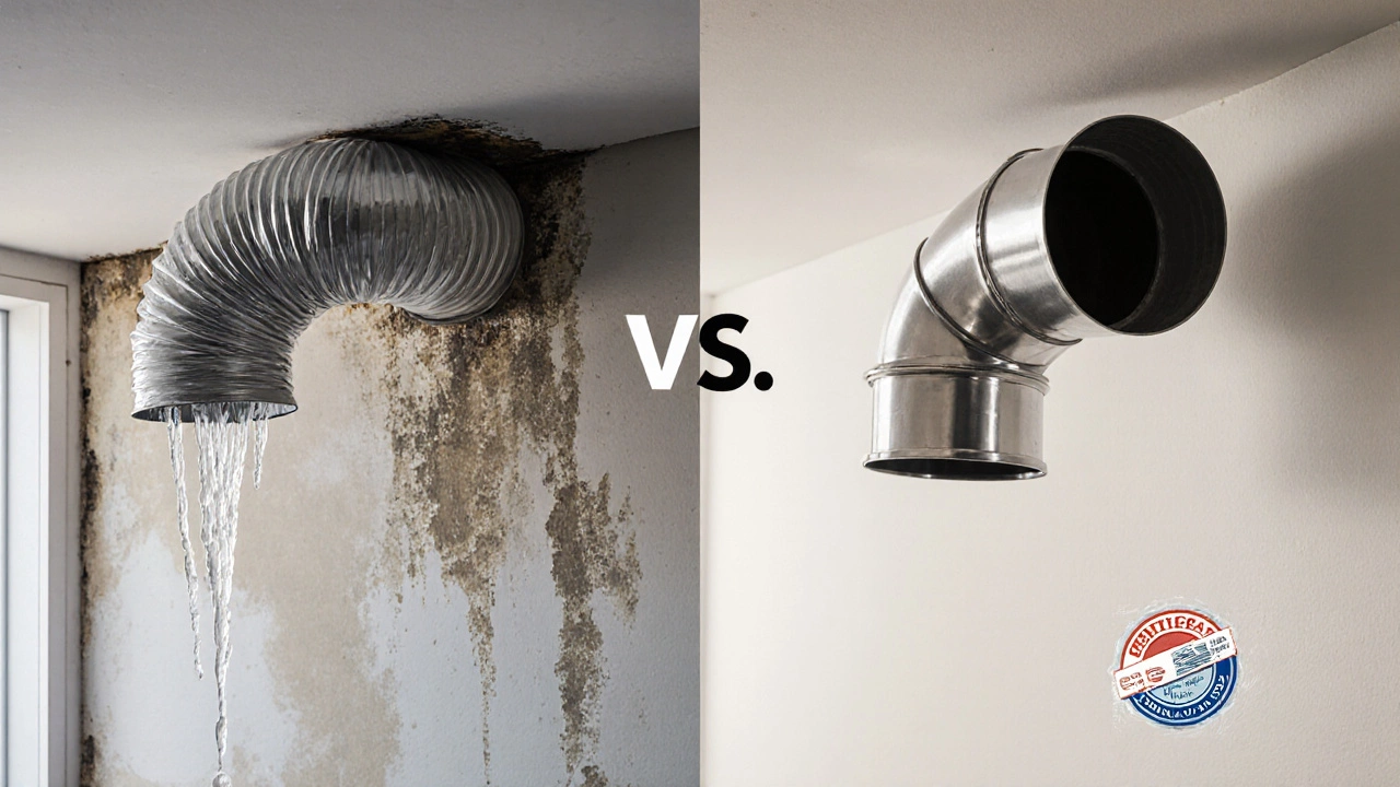 Side-by-side: faulty fan with moldy ducting vs. properly installed fan with compliant external vent.
