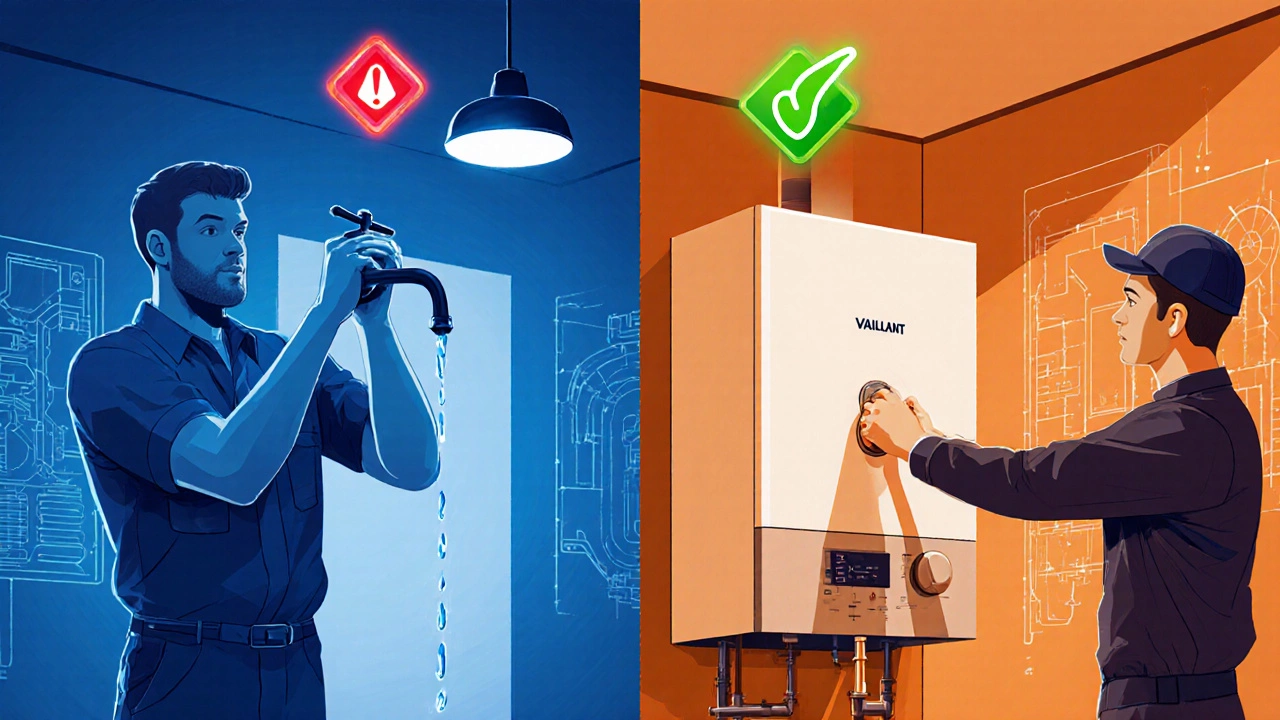 Split illustration comparing a plumber fixing a faucet versus a certified technician working on a gas boiler.