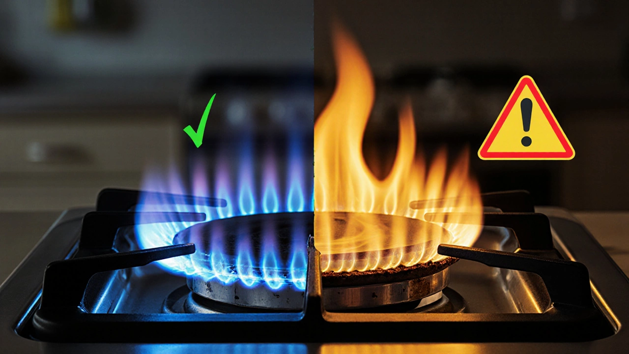 Split illustration of a gas oven: one side healthy and clean, the other rusty and faulty.
