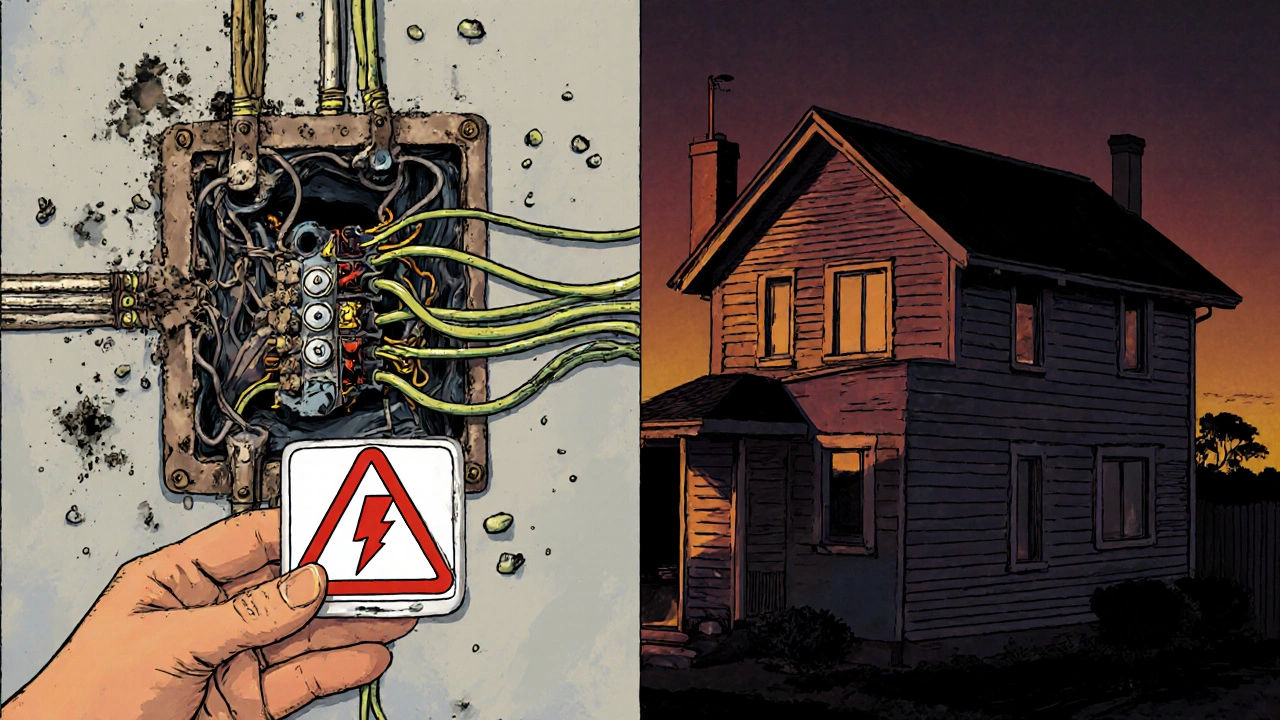 Split image: old frayed wiring vs. modern safe wiring, with warning symbol in center.