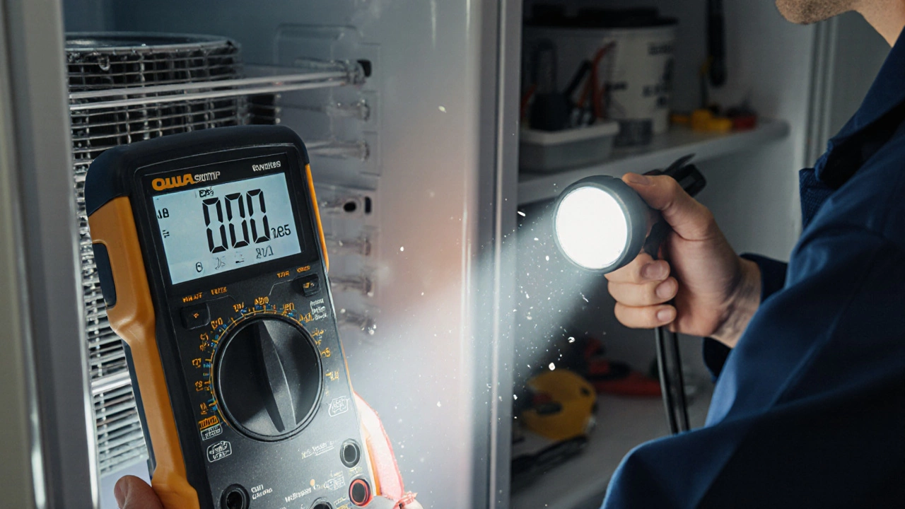 Technician checking refrigerator coils with flashlight and multimeter.