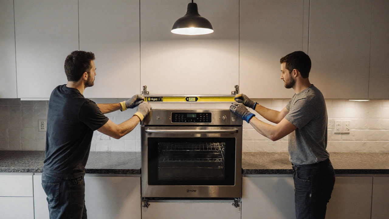 Two people sliding new electric oven into kitchen cavity, using spirit level for alignment.
