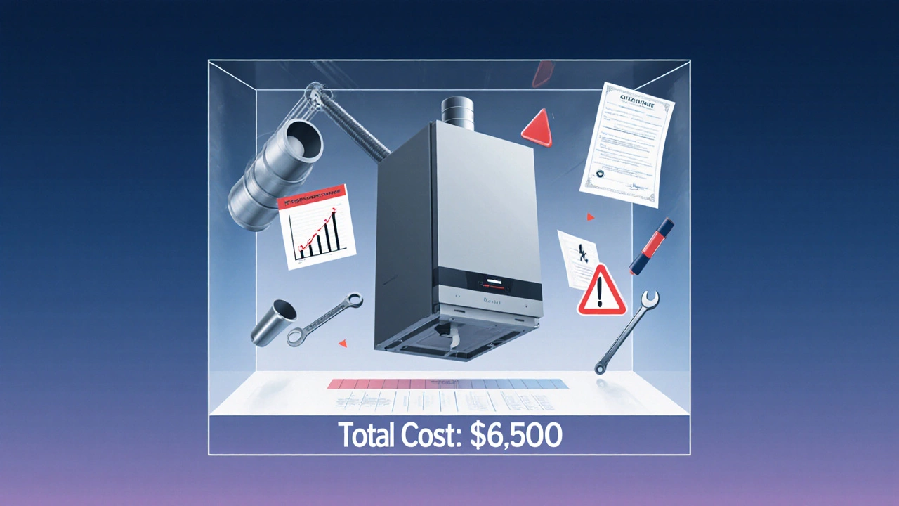 Visual breakdown of hidden costs in boiler replacement: flue, pipes, certificate, and efficiency graph.