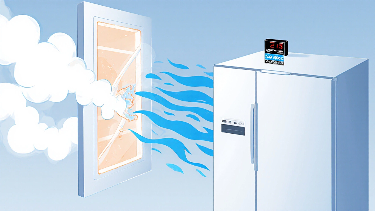 Warm air entering a freezer through a cracked door seal, contrasted with a new energy-efficient model.