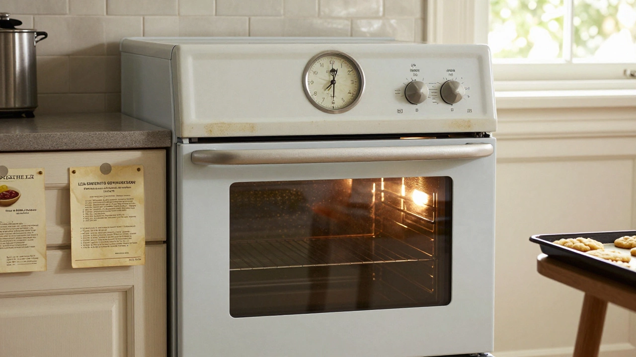A 14-year-old Whirlpool oven still in use, with worn seal and warm light, in a cozy kitchen filled with baking memories.