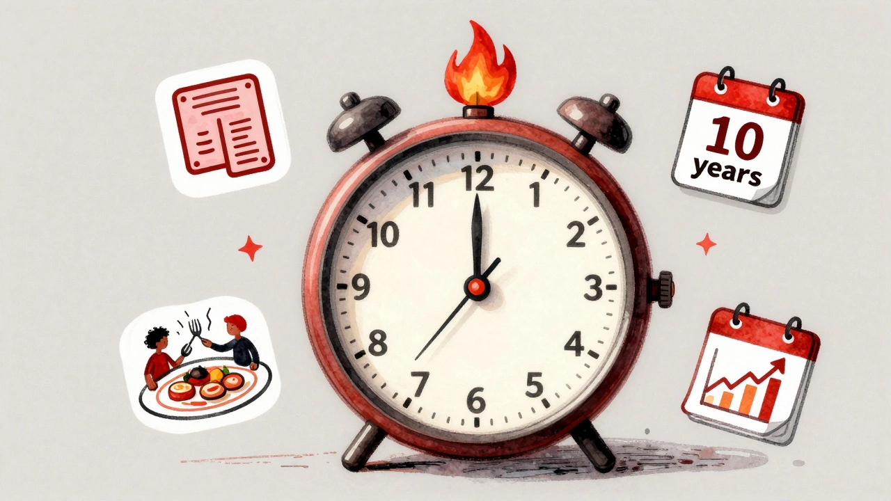 A cooker shaped like a clock with warning symbols representing repair costs, safety risks, and energy waste.