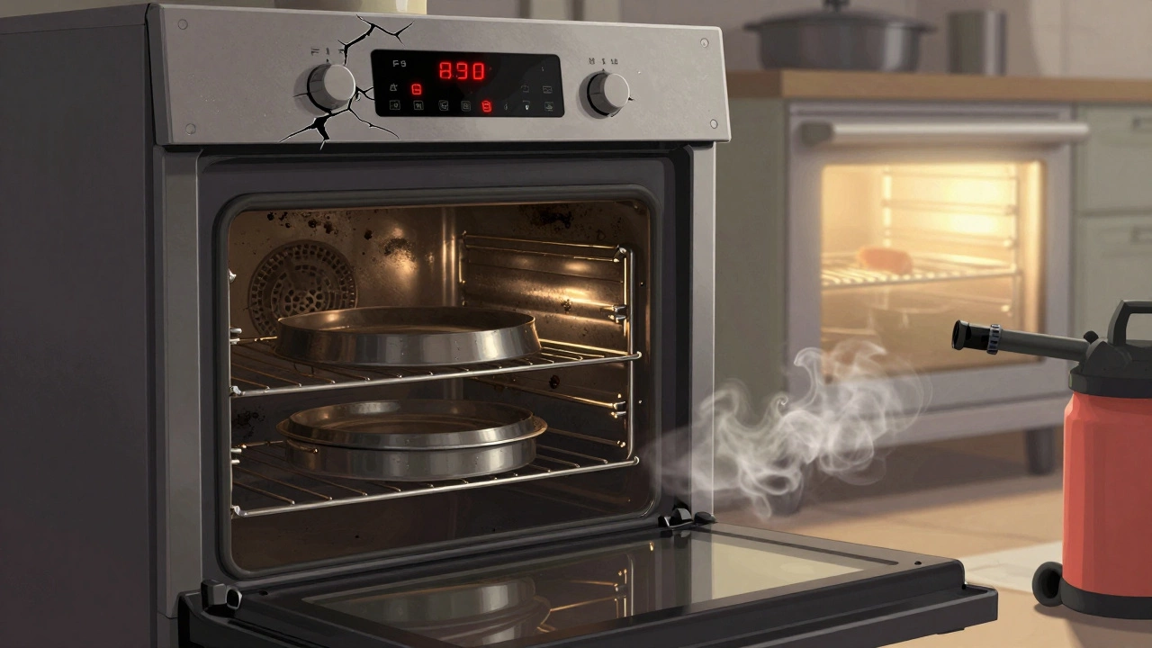 A damaged oven with cracked controls and grease buildup, contrasted with a pristine one in the background.