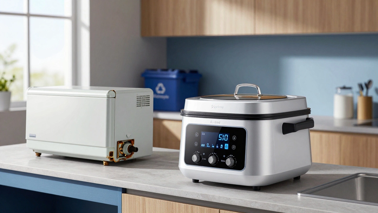 A new energy-efficient cooker next to an old one being loaded onto a recycling truck.