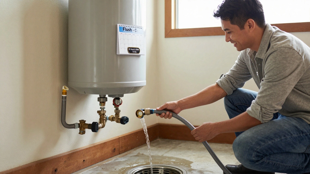 A person flushing a water heater with clear water flowing out, smiling in a clean basement.