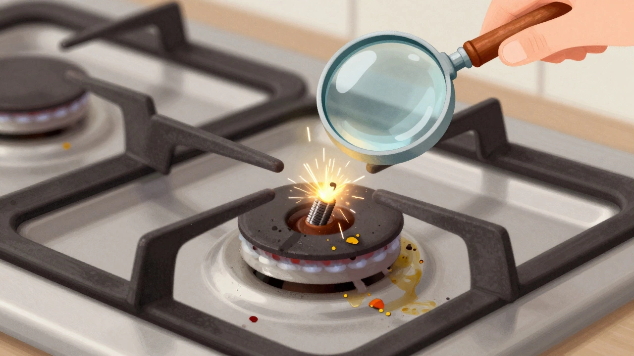Close-up of gas cooker igniter with sparks and grease buildup, highlighting thermocouple tube.