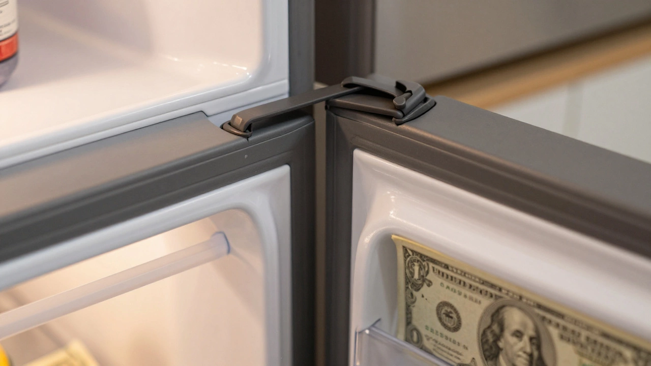 Close-up of refrigerator door seal with a dollar bill testing the grip, cracks visible on rubber.
