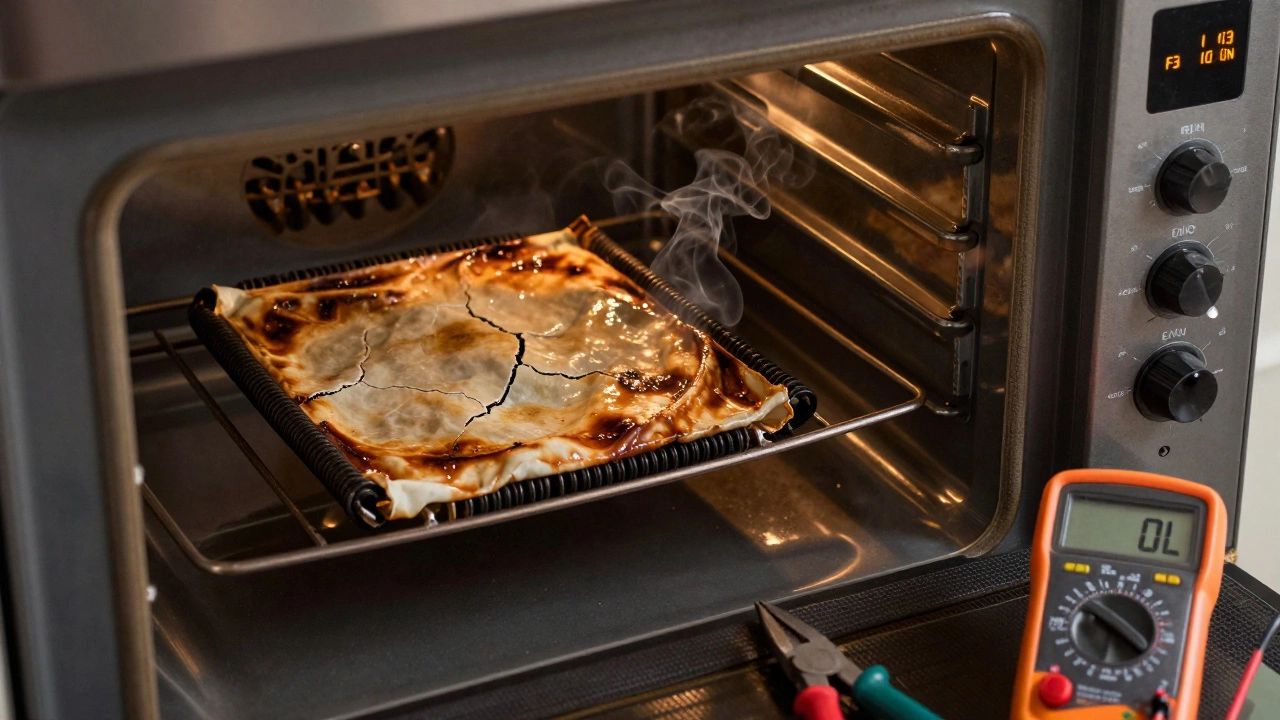 Cracked and blistered oven element with multimeter showing open circuit, blinking F3 error code visible.