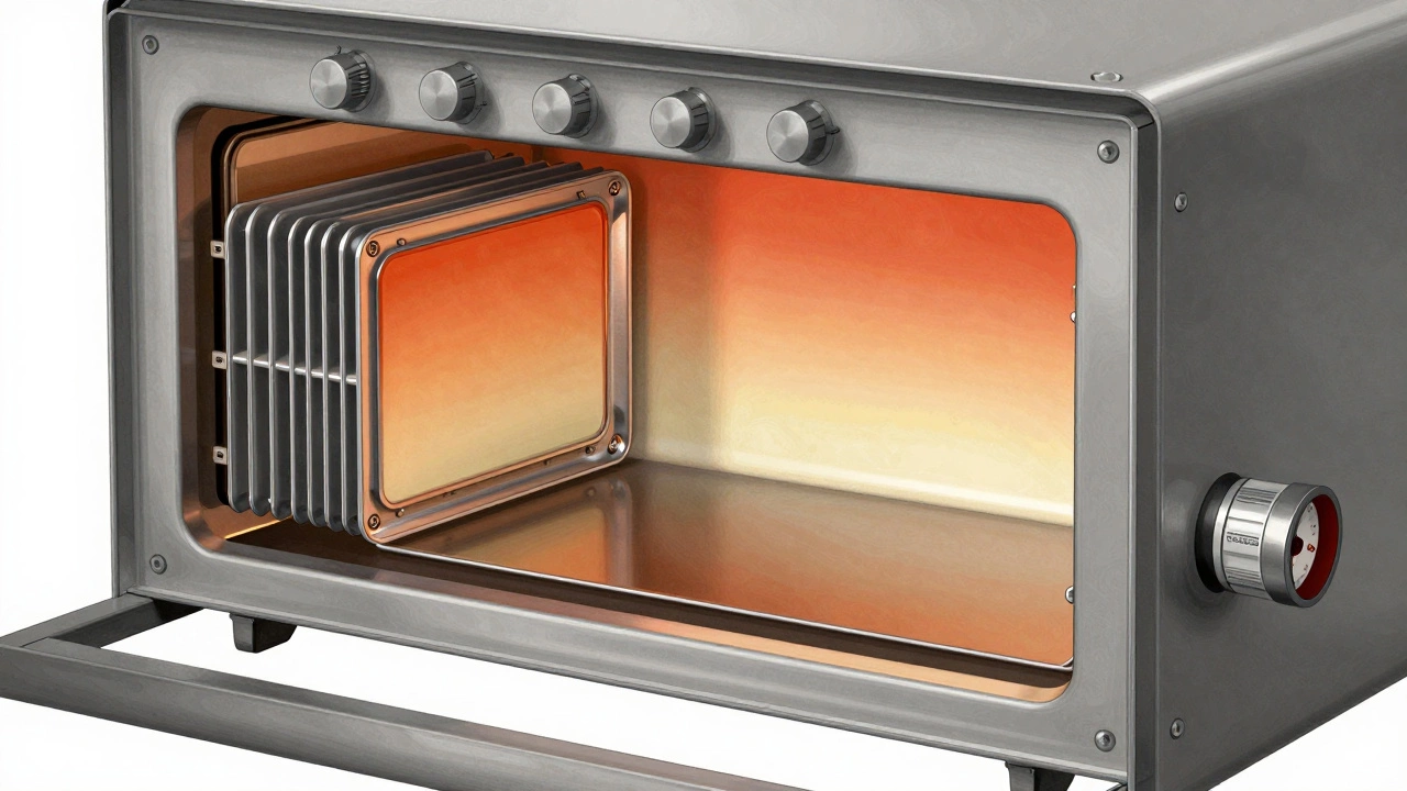 Cross-section of a Bosch oven showing sealed electronics, cooling system, and ceramic enamel interior, highlighting precision engineering.