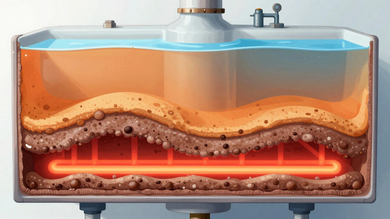 Cross-section of a water heater showing mineral scale insulating the heating element.