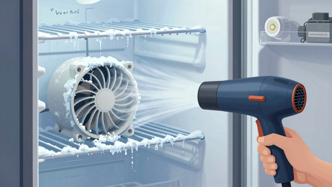 Cross-section of fridge showing frozen evaporator fan and ice buildup being thawed by a hairdryer.