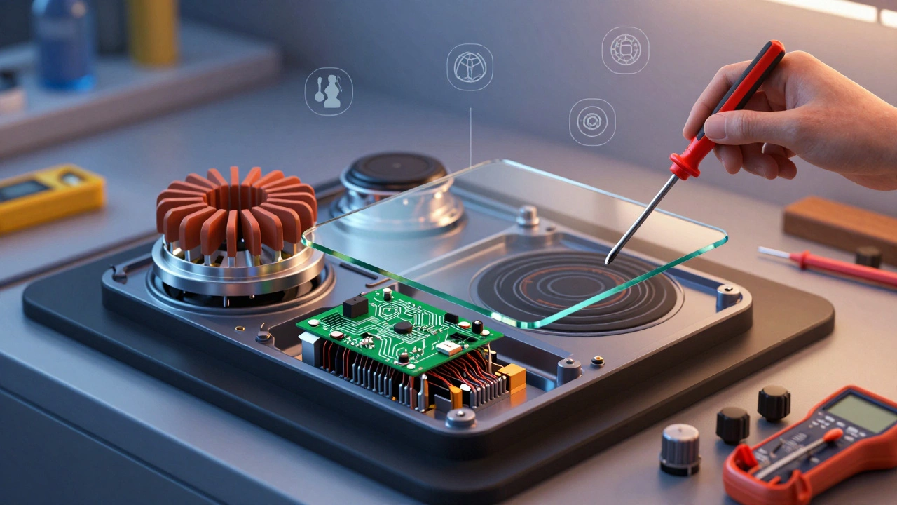 Cutaway technical illustration of electric hob components and repair tools