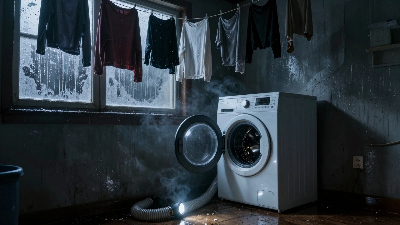 Dark, damp laundry room with wet clothes hanging and a broken dryer emitting smoke, highlighting fire risk.