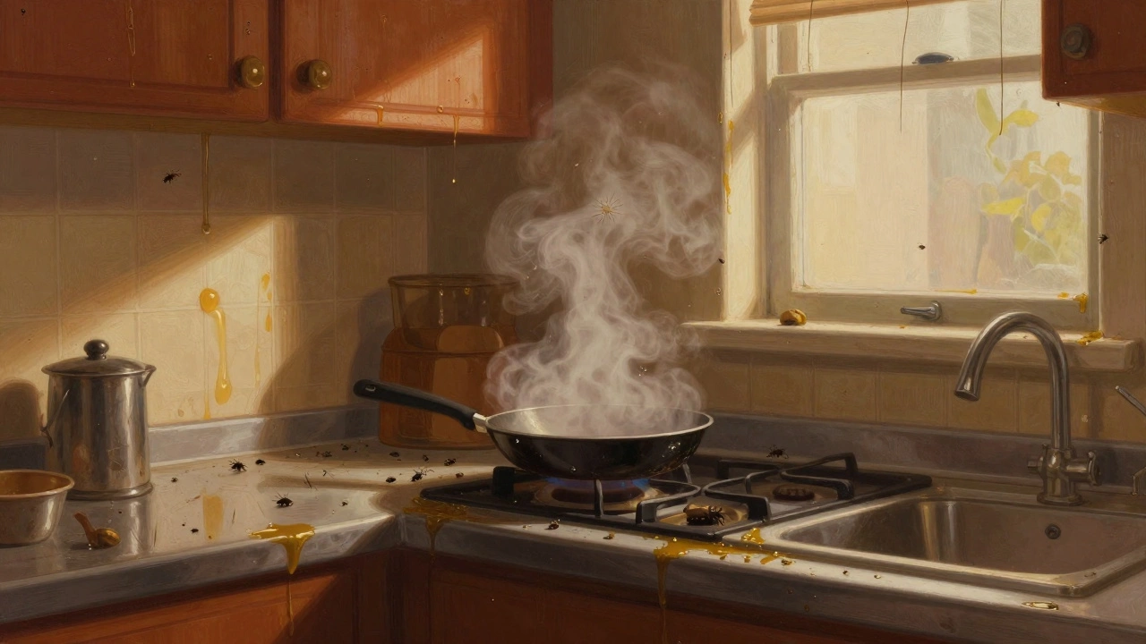 Greasy kitchen with steam rising, sticky surfaces, and insects crawling on countertops.