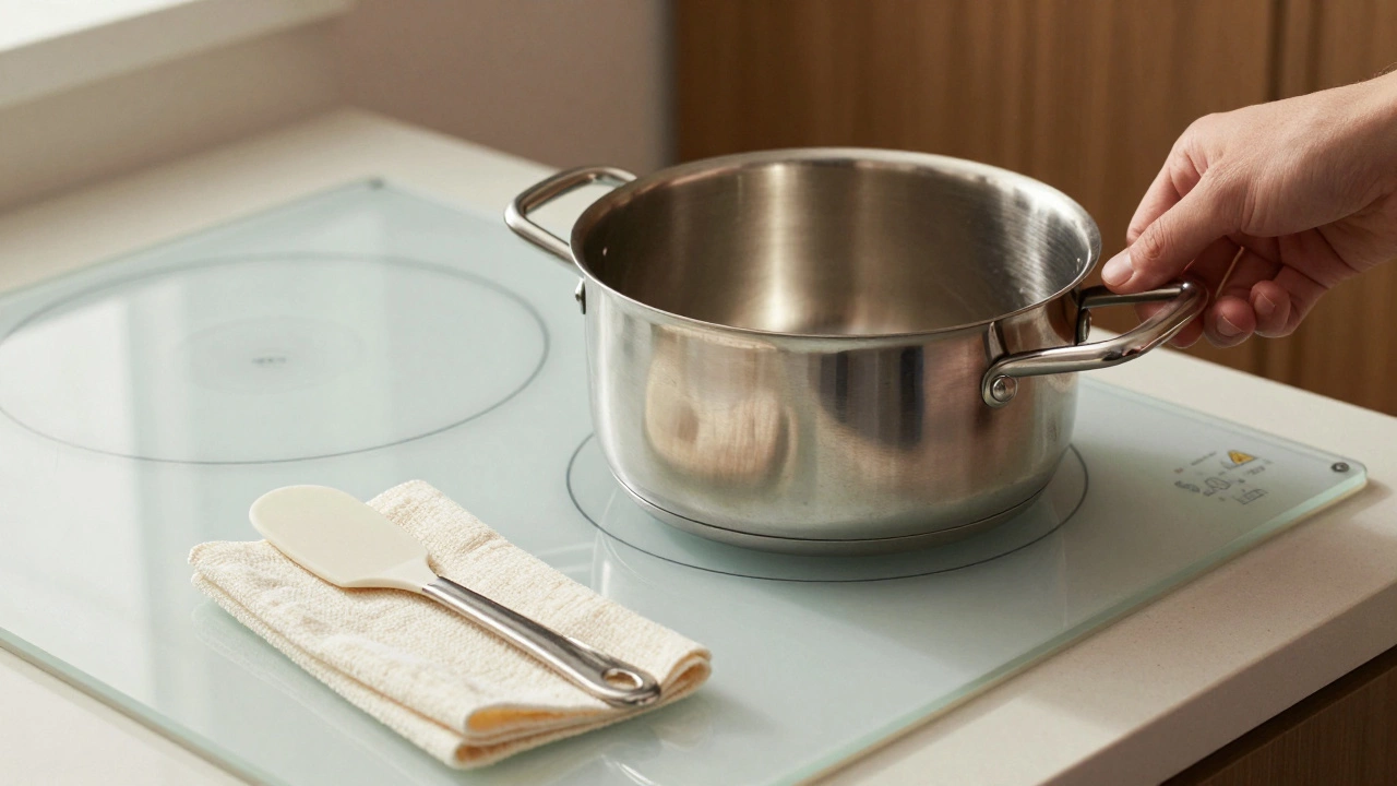 Hand lifting pot off clean hob with cleaning tools nearby