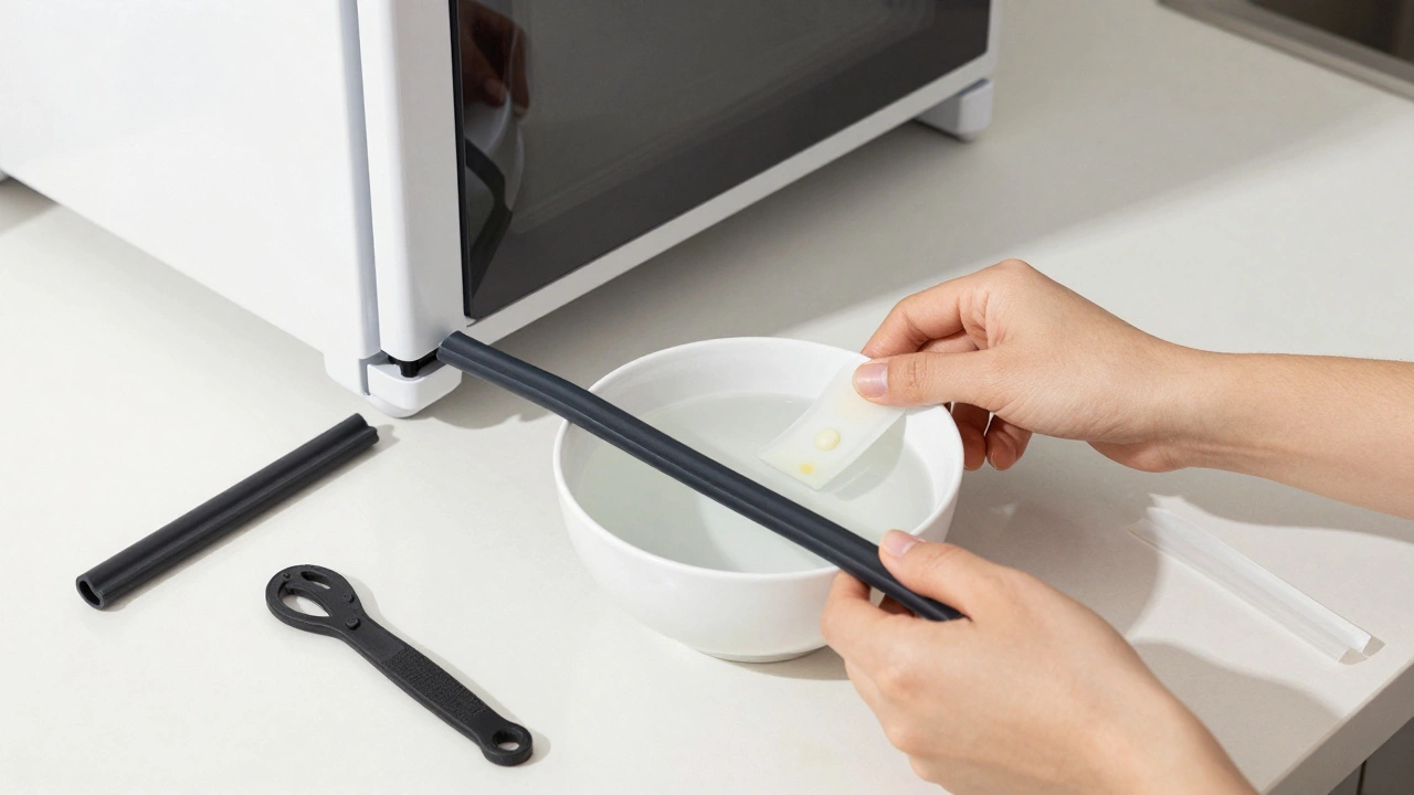 Hands replacing a refrigerator door gasket with a new flexible seal.