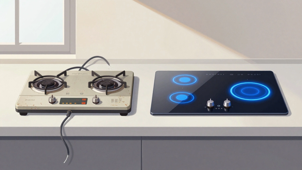 Old and new electric hobs side by side, contrasting wear and modern safety