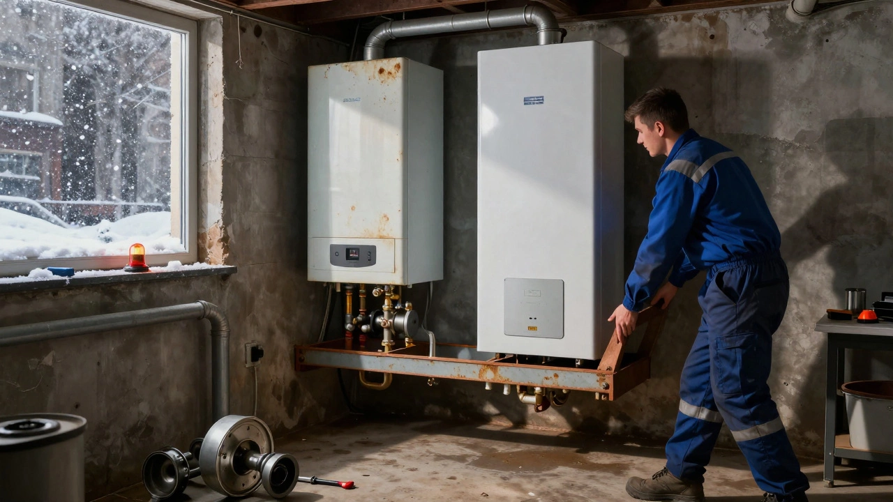 Old boiler being removed as a new one is installed in a basement, snow falling outside.