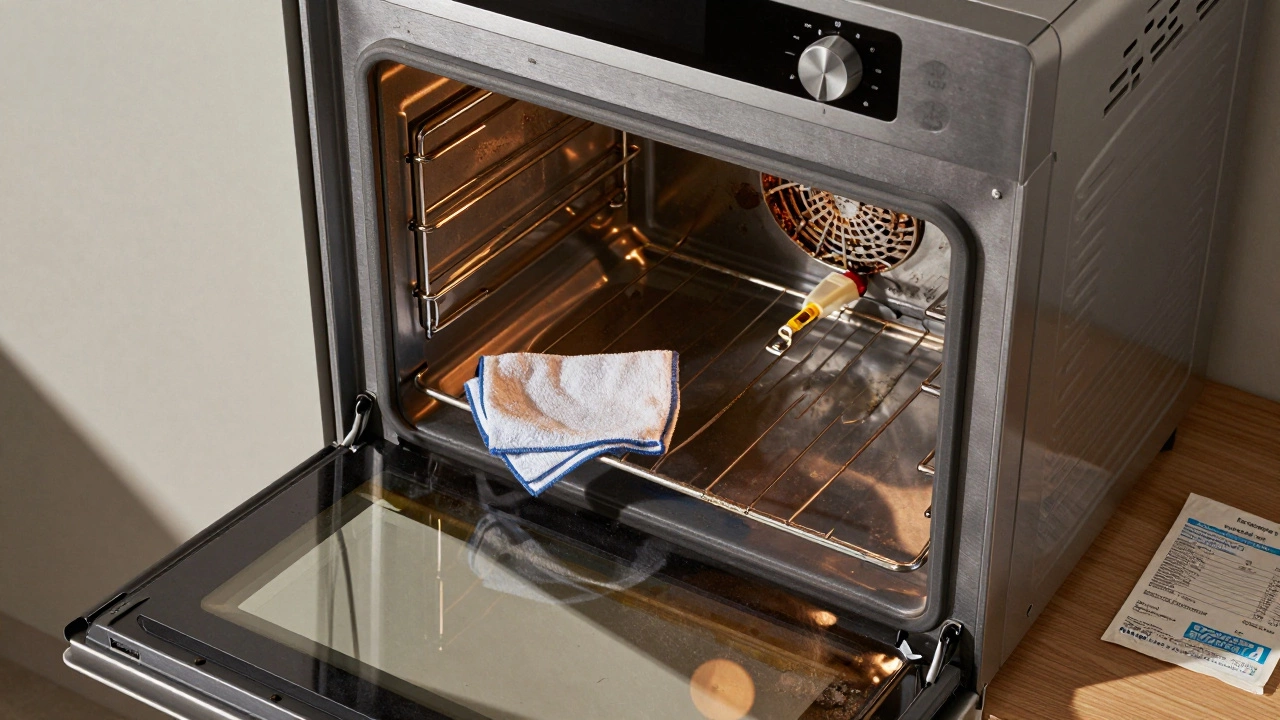 Oven door with warped seal and greasy stationary fan, temperature sensor coated in residue.
