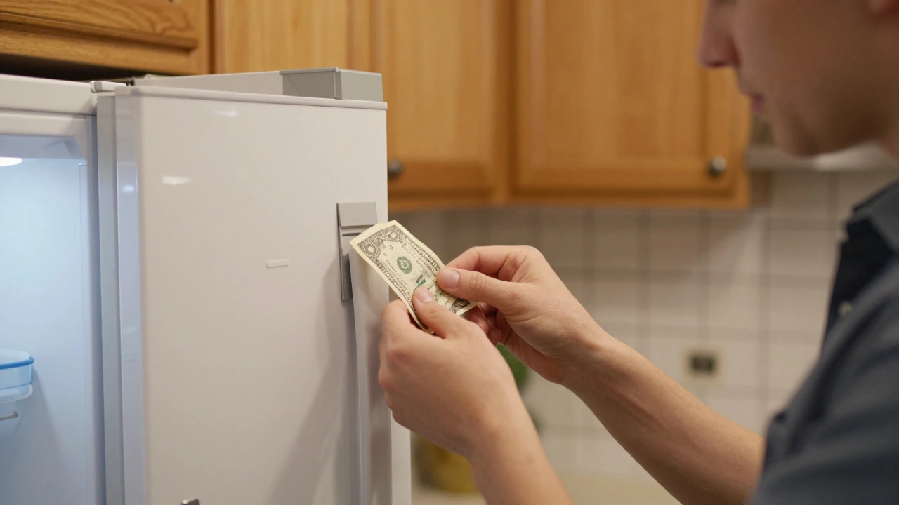 Person testing fridge door seal with a dollar bill in a kitchen setting.
