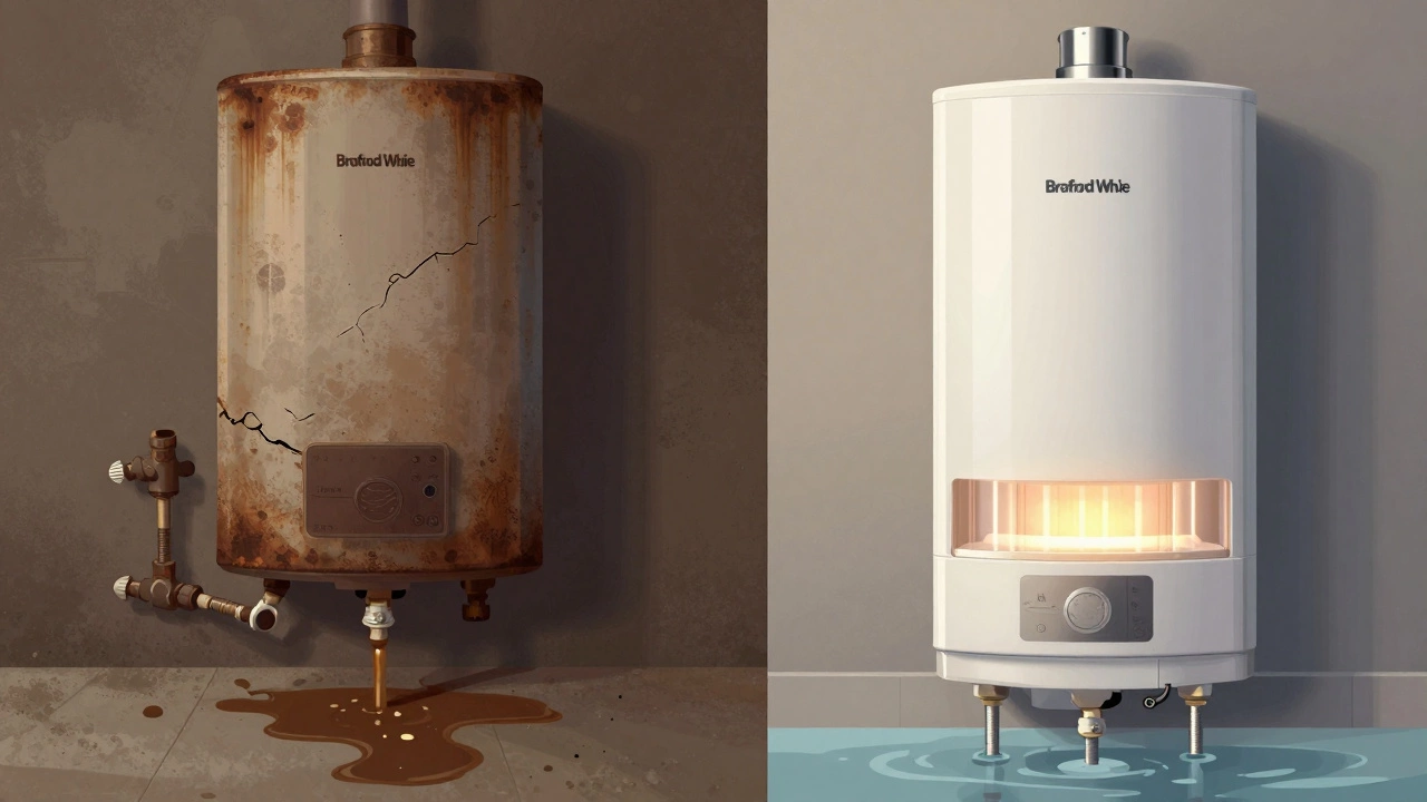 Side-by-side comparison of a rusted budget water heater leaking versus a durable Bradford White model.