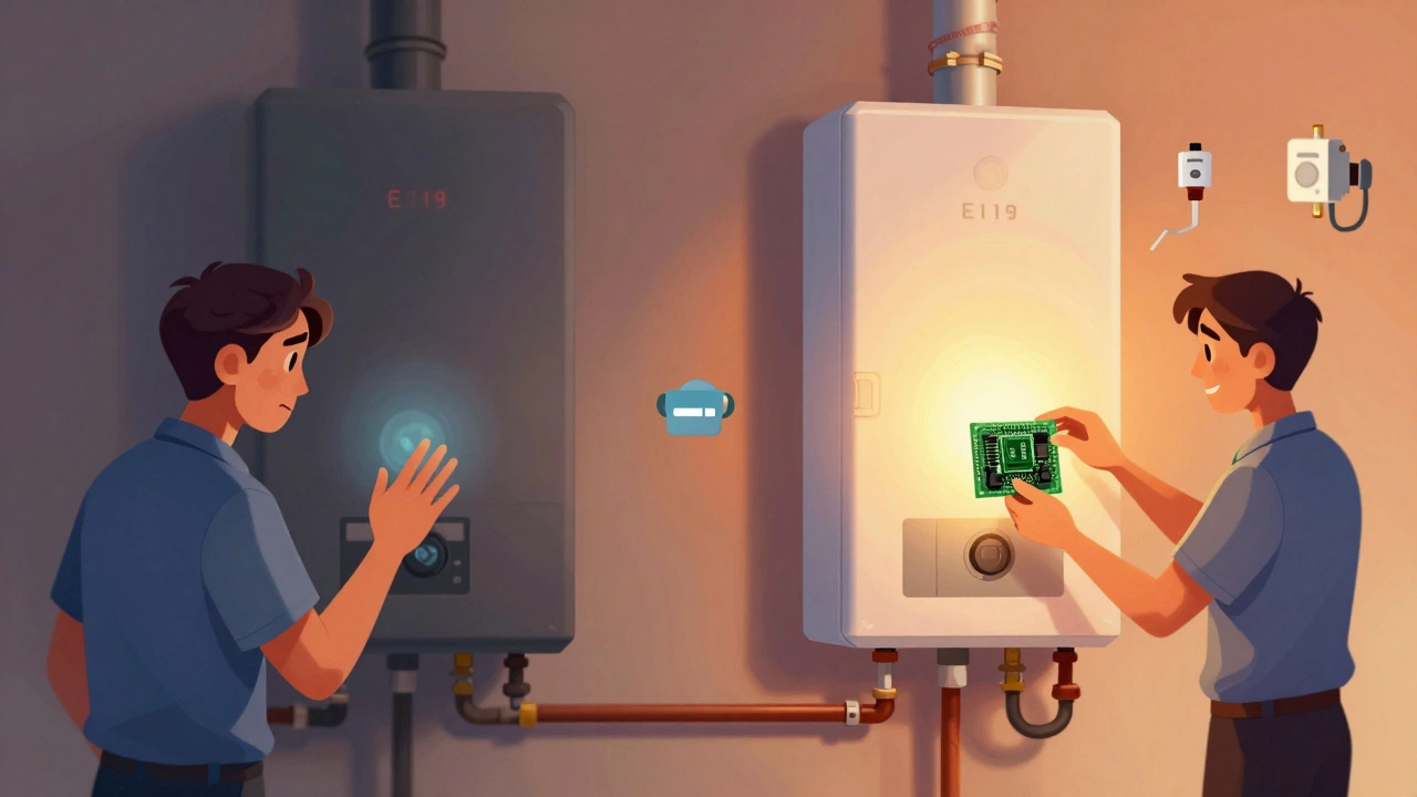 Split illustration showing a broken boiler turning into a working one with floating repair parts.