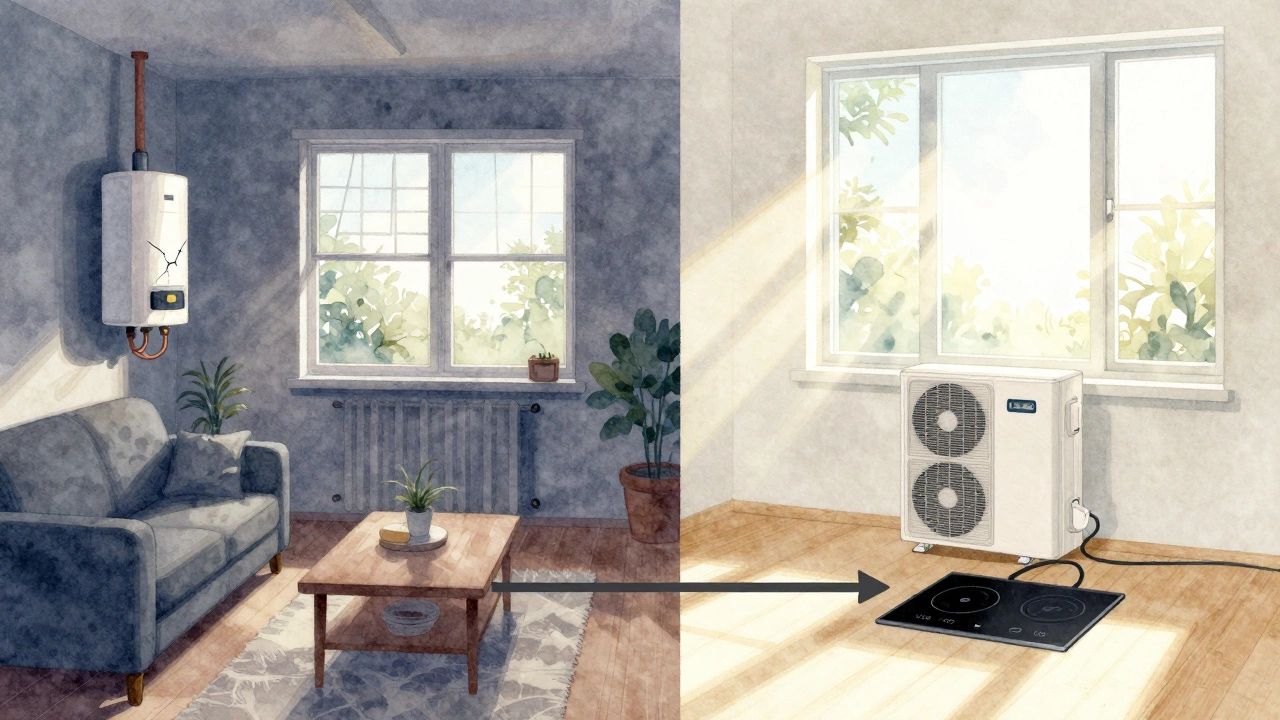 Split illustration showing a drafty, outdated home transitioning to a bright, energy-efficient electric-powered space.