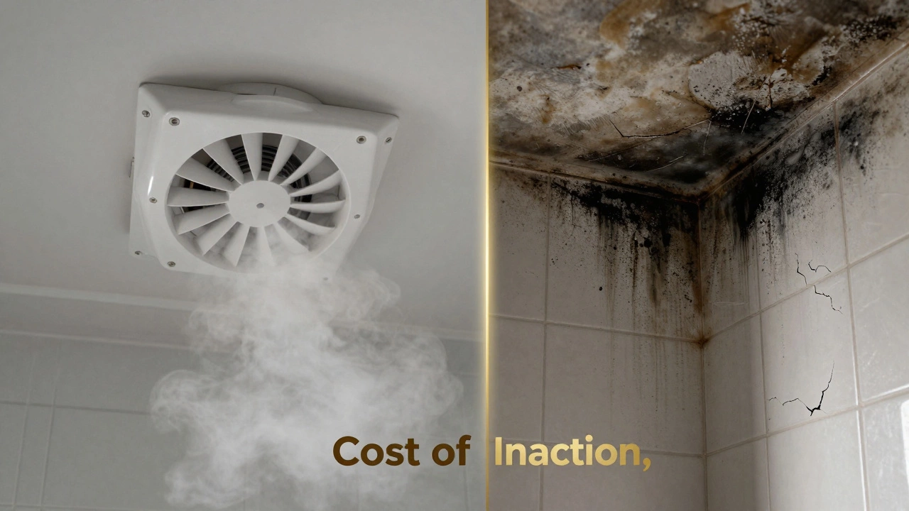 Split image: clean room with fan vs. moldy room without ventilation, symbolizing long-term consequences.