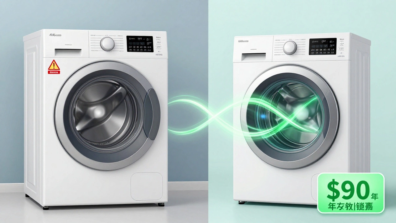 Split-screen comparison: old inefficient dryer vs. modern heat pump dryer with energy savings visualization.