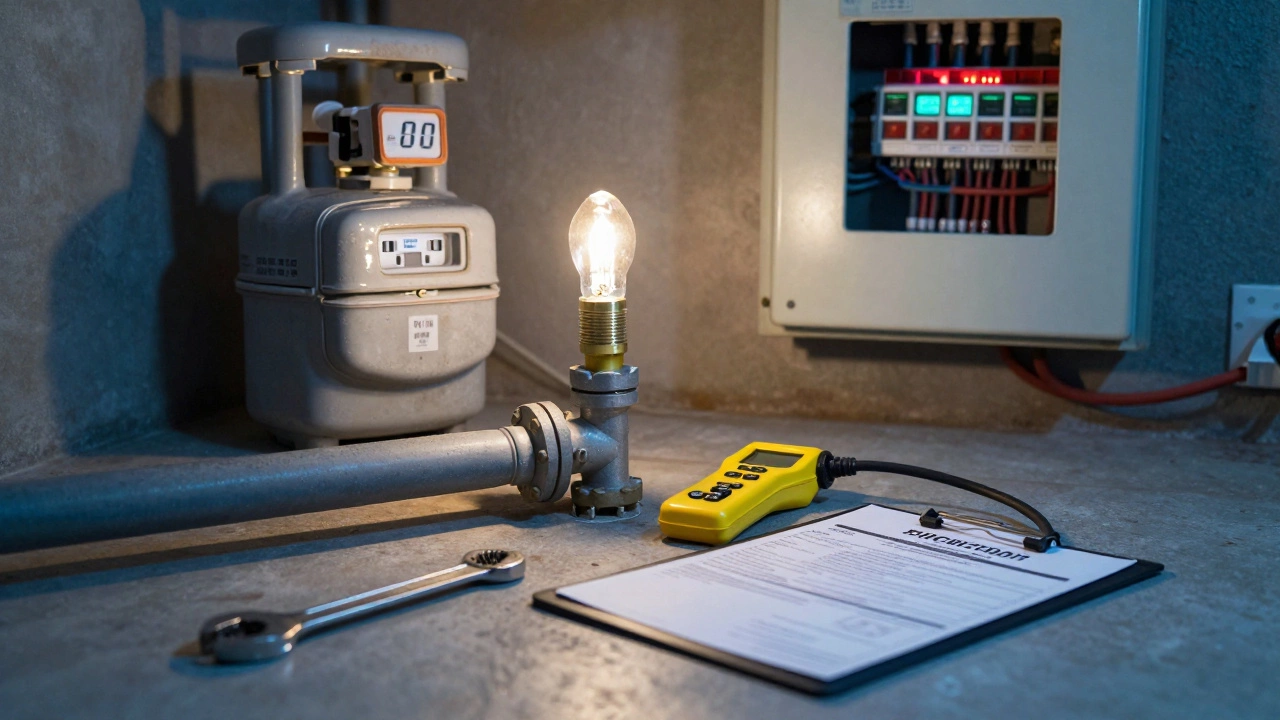 Technician capping a gas pipe in a basement, with tools and a compliance certificate nearby, symbolizing safe decommissioning.