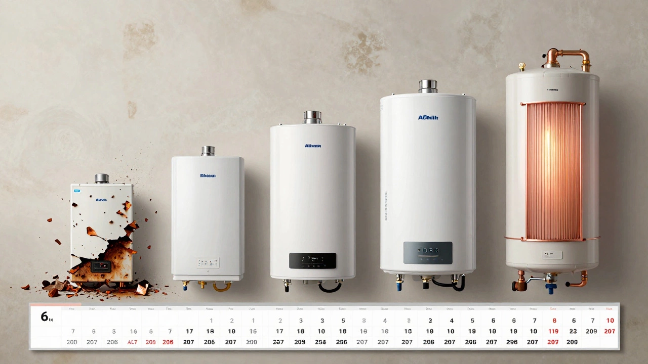 Timeline showing water heater lifespan from 6-year failure to 17-year durability with tankless unit.