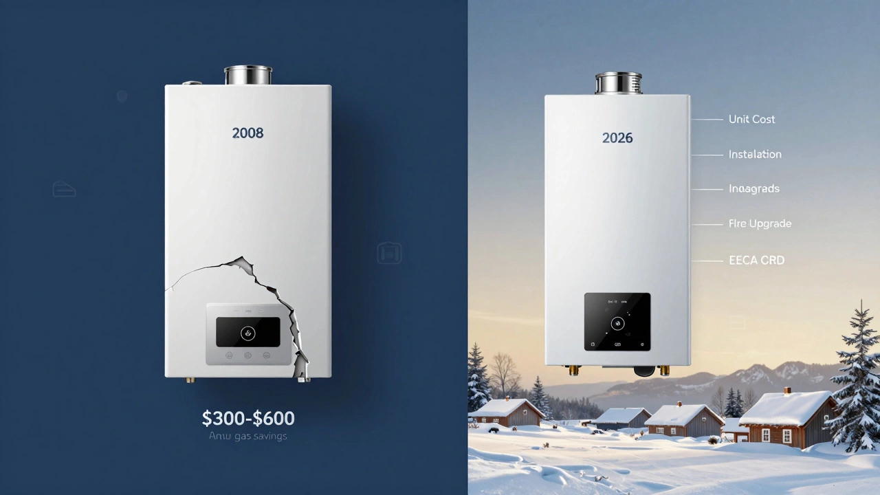 A split boiler visual showing an old inefficient model versus a new high-efficiency one with cost and savings labels.