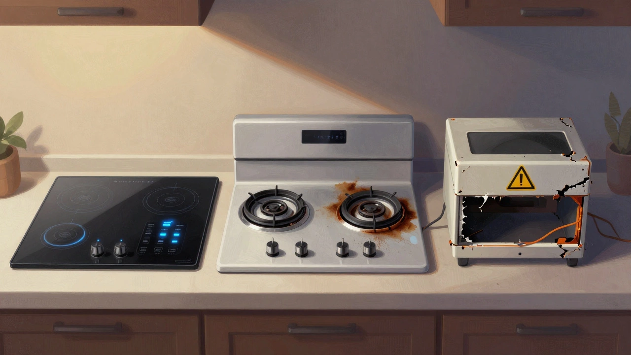 A visual timeline of an electric stove's life: new, mid-use, and failed, shown side by side on a countertop.