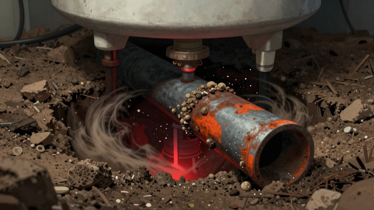 Corroded anode rod buried under mineral deposits inside a water heater tank.