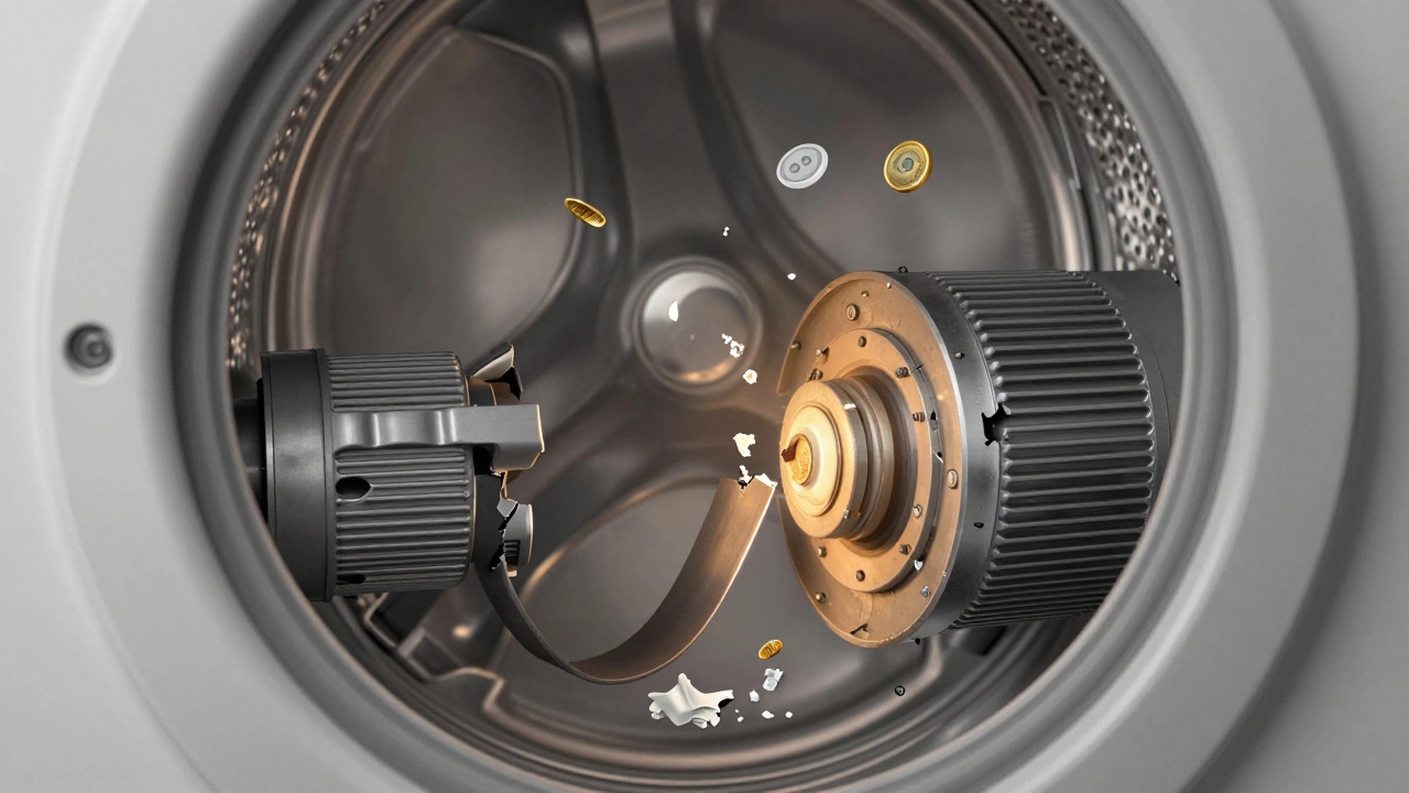 Cross-section of washing machine showing broken drive belt and motor coupler with debris.