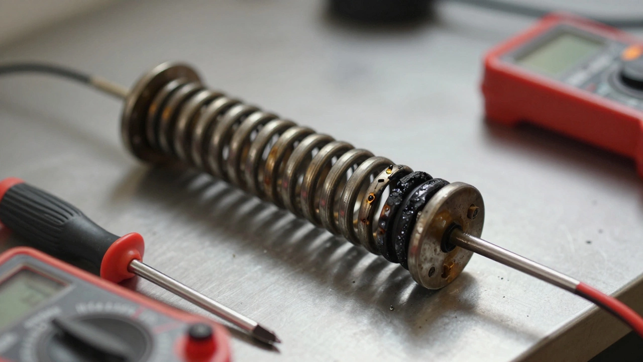 Damaged oven element with cracks, blackened spots, and blistering on a workbench.