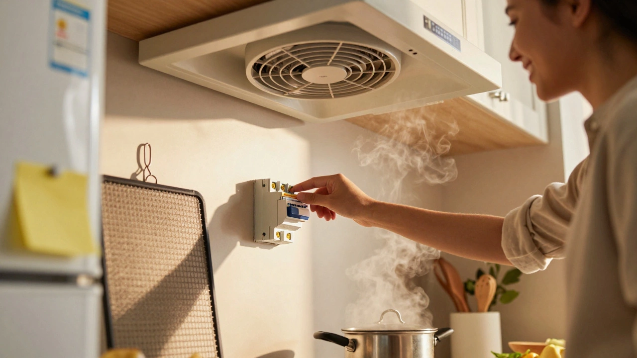 Freshly cleaned extractor fan running quietly in a kitchen with steam being pulled away.