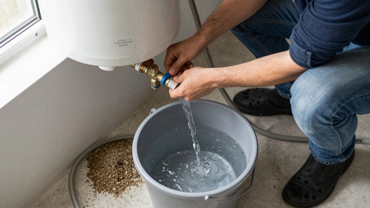 Homeowner flushing a water heater with a hose, clear water draining into a bucket.