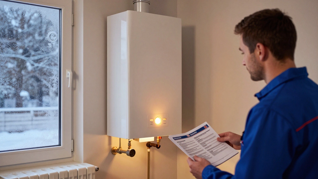 Homeowner learning to use new boiler with technician holding warranty documents
