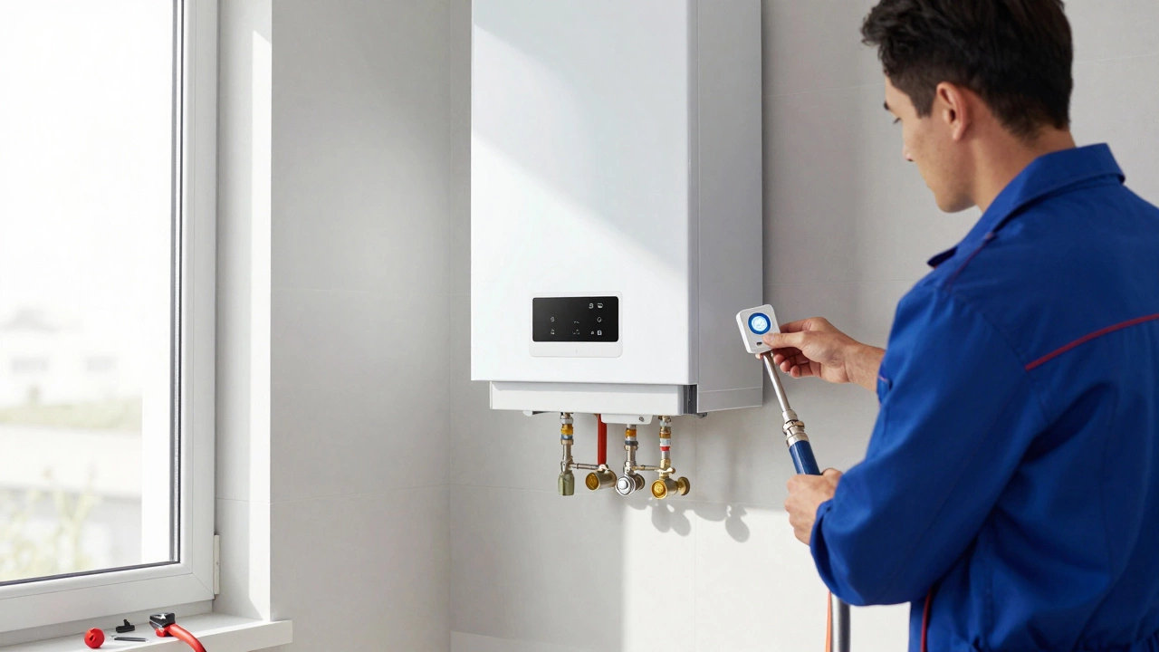 Installer connecting a new combi boiler with smart thermostat and flushing system