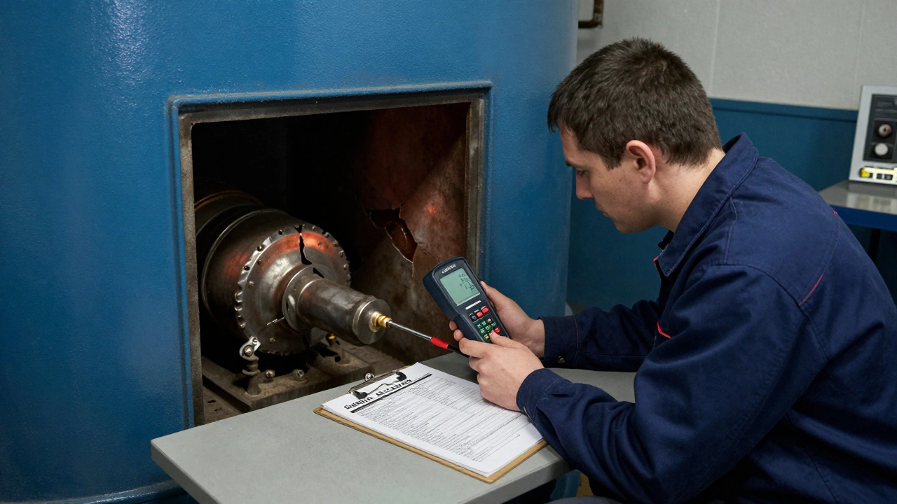 Licensed gas fitter using combustion analyzer to test flue gases in boiler room