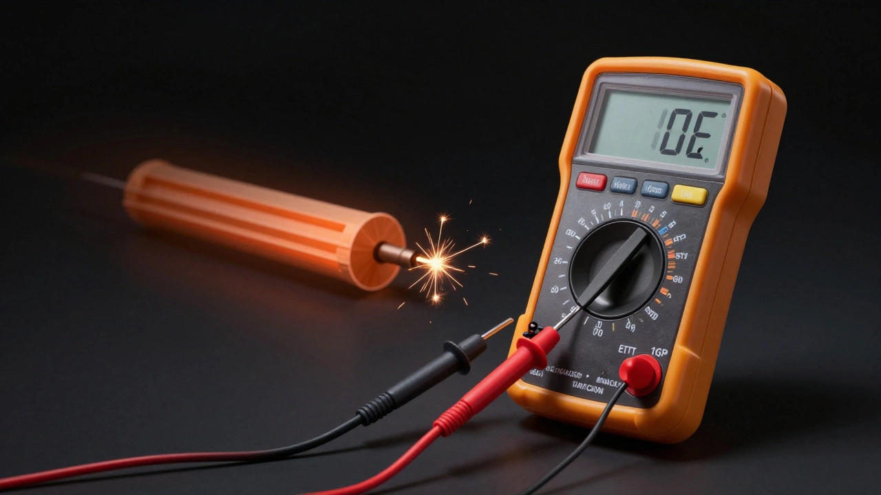 Multimeter showing infinite resistance connected to a broken oven element.