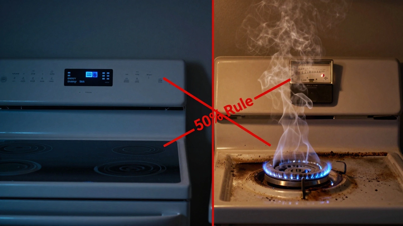 Split image comparing a modern efficient stove with an old failing one, connected by a red line symbolizing replacement threshold.