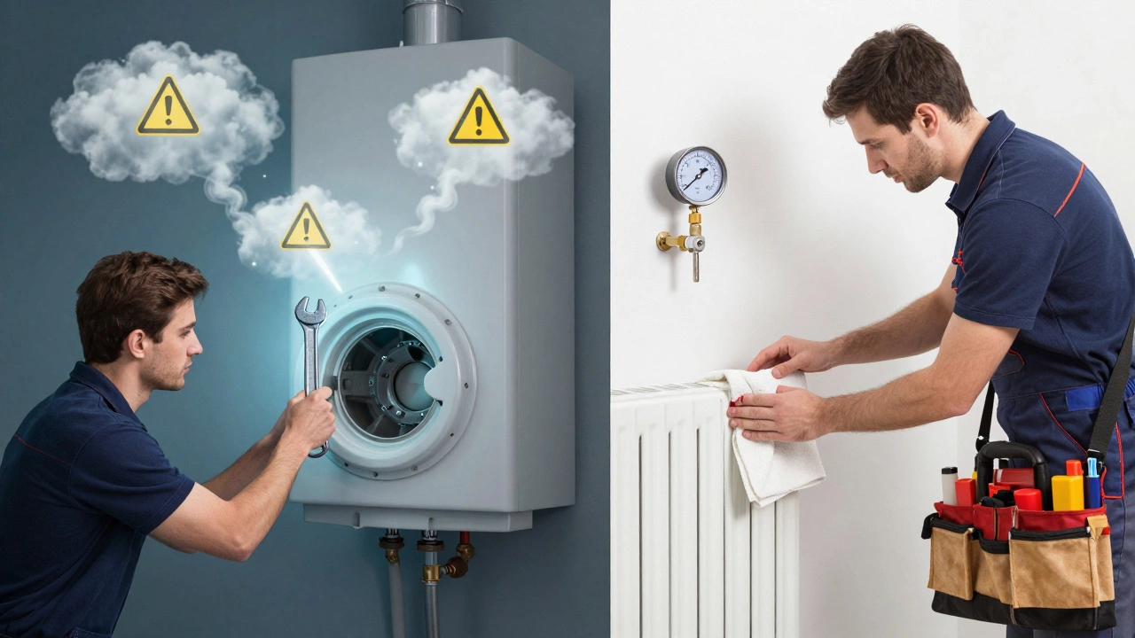 Split image: risky DIY boiler access vs. safe radiator bleeding and professional service