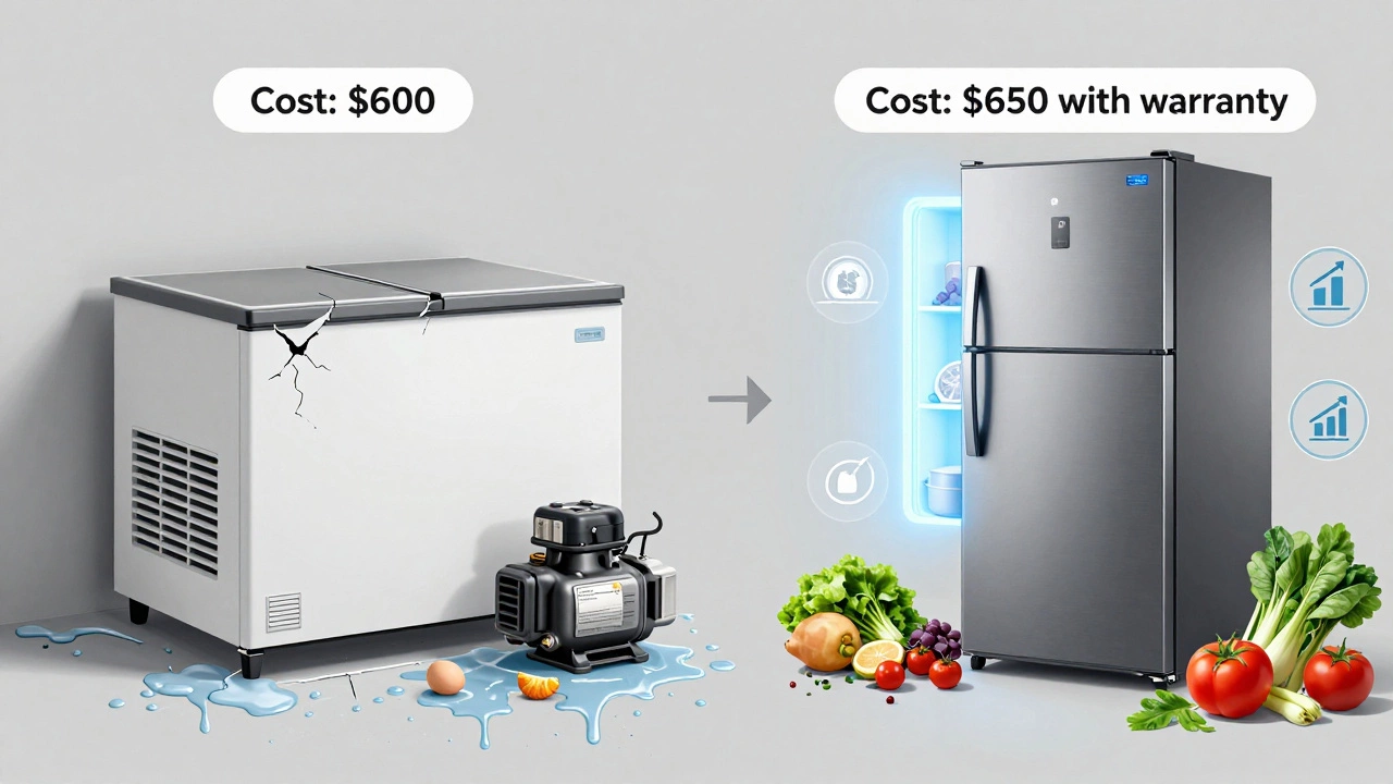 Split image showing an old broken freezer next to a new energy-efficient one with cost comparisons.
